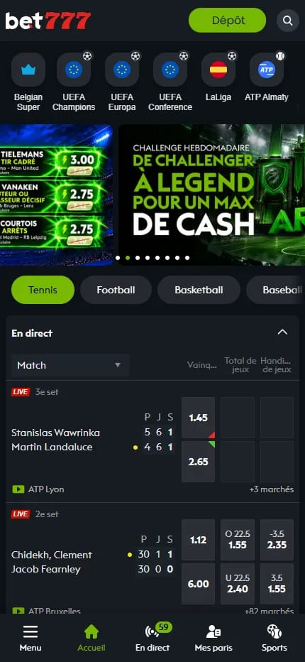 site Bet777 fond noir bookmaker